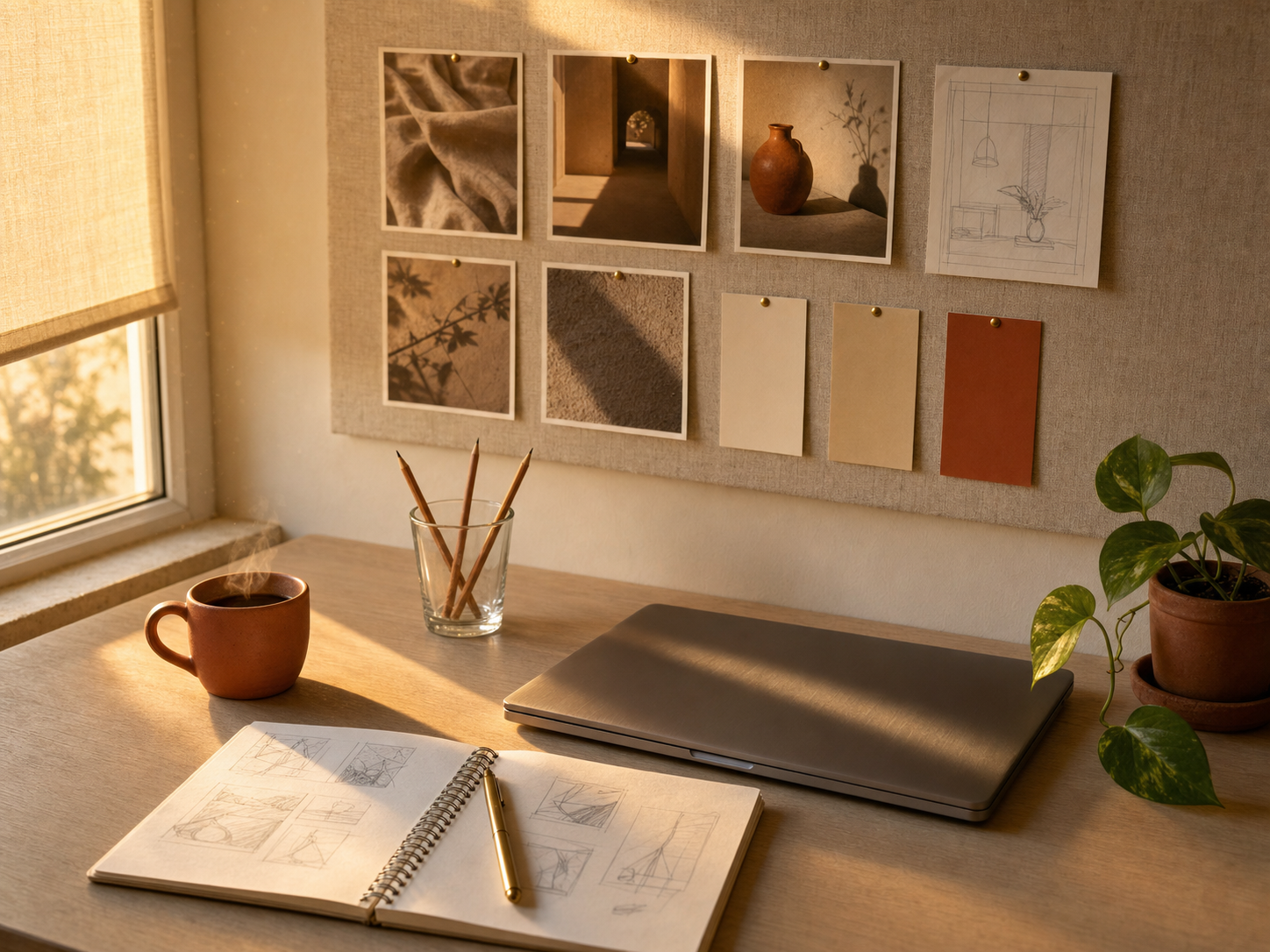 A calm creative studio desk in warm light with a closed laptop, a notebook, and a linen mood board.