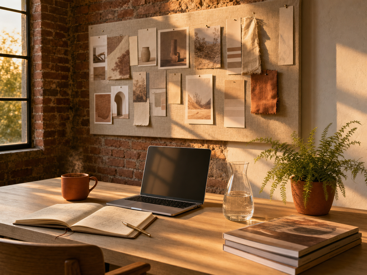 A calm creative studio in golden light with a dimmed laptop, a coffee, and a linen mood board.