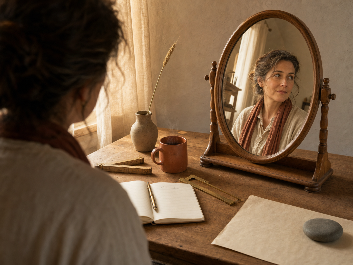 A woman at a worktable gazing into an oval mirror in warm window light; the mirror reflects her calm, attentive face, with an open notebook, a brass pen, and a clay mug on the desk.